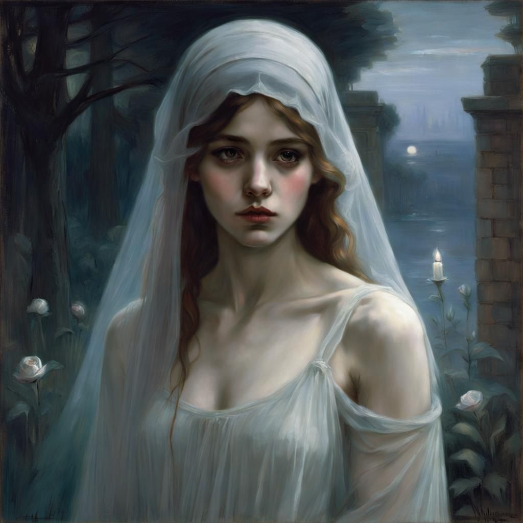 Surreal Ghostly Encounter in Waterhouse Style