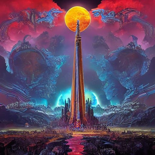 Cosmic Horror Crystal Obelisk in Alien Landscape