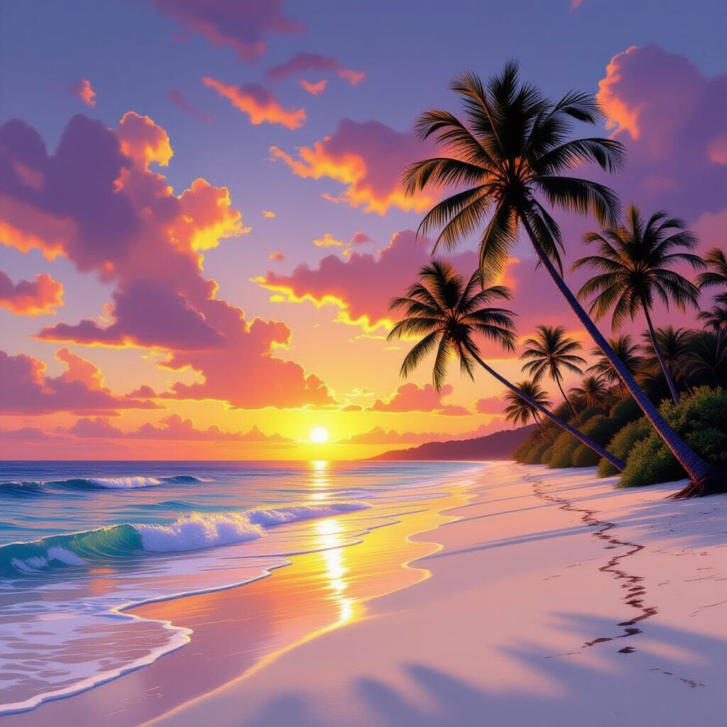 Tropical Paradise Sunset with Palm Trees and Waves