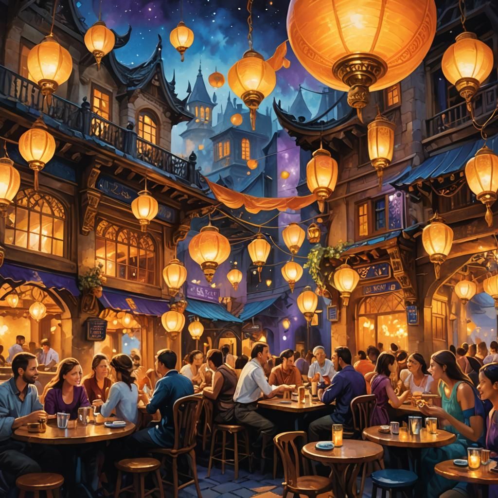 Whimsical Night Cafe Scene in Vibrant Oil Painting Style