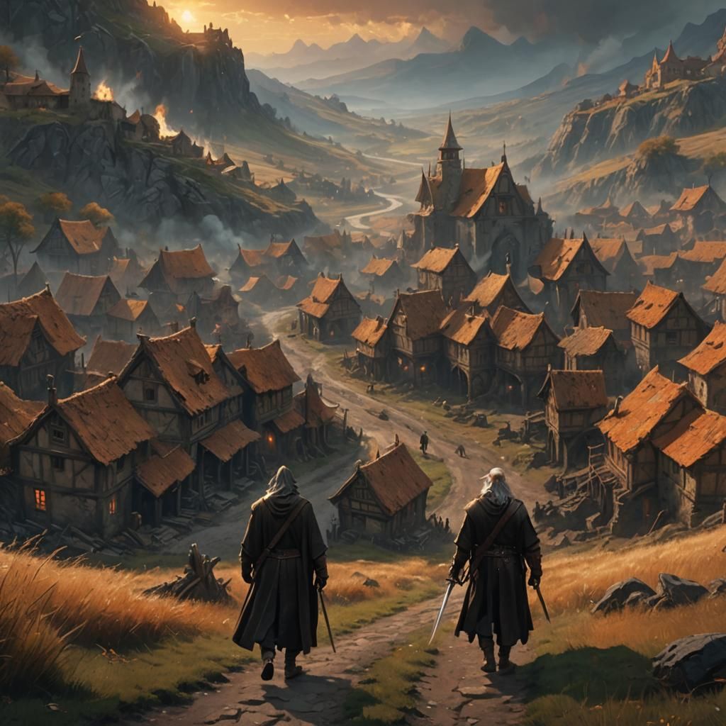 Epic Fantasy Scene with Wizard and Warrior Approaching a Pil...