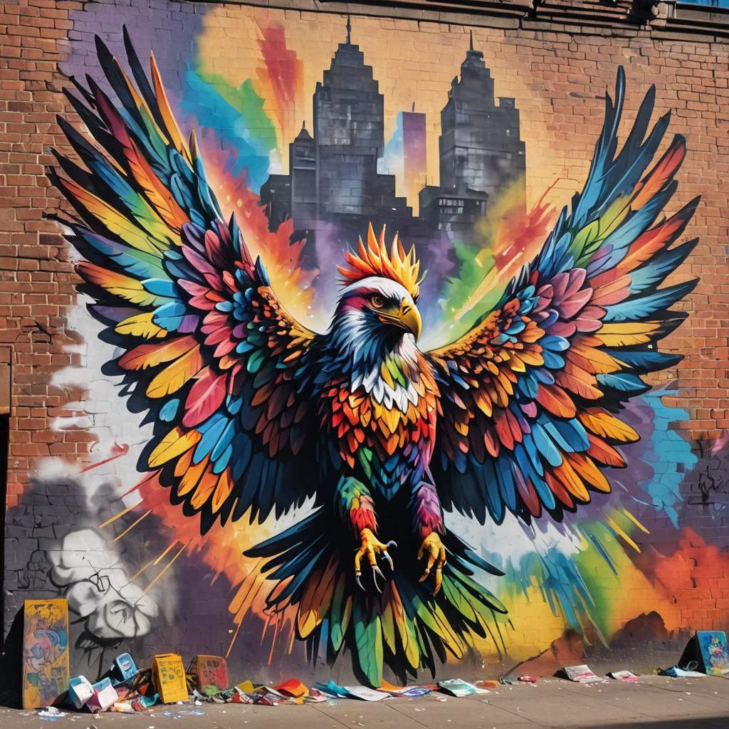 Surreal Rainbow Eagle Takes Flight in Vibrant Street Art Mur...
