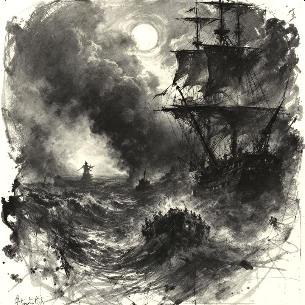 Eerie Nighttime Battle between Pirate Ship and British Friga...