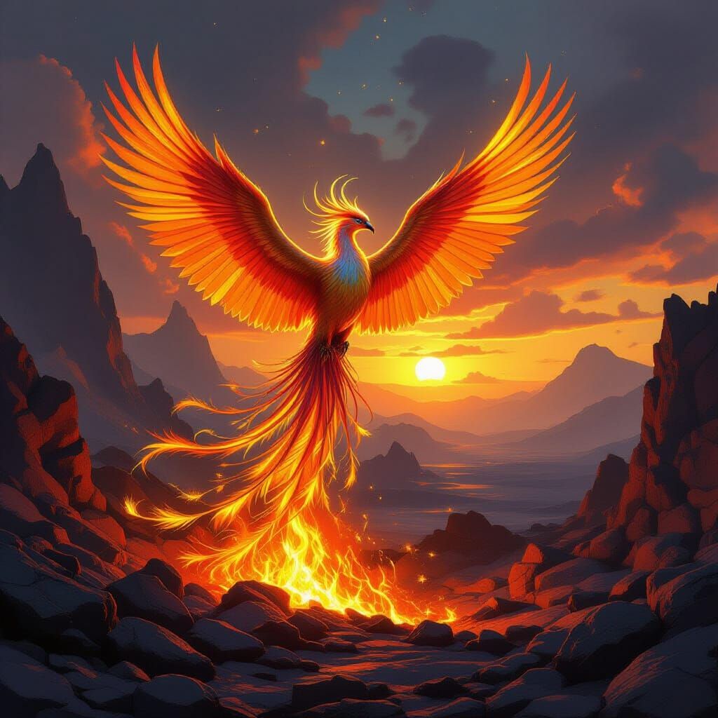 Phoenix Rises from Embers in Volcanic Landscape
