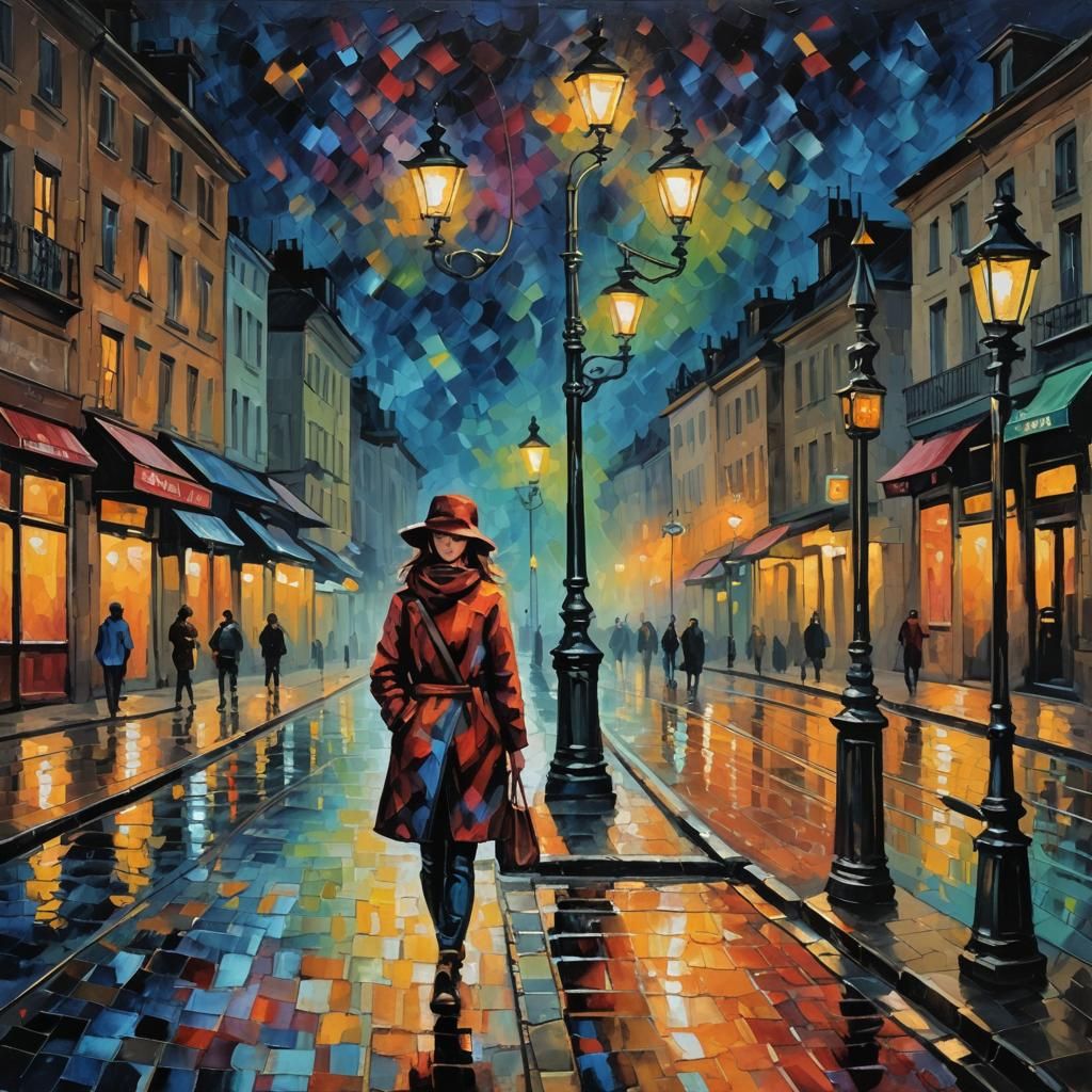Girl Illuminated under Nighttime Lampost, Neo-Impressionist....