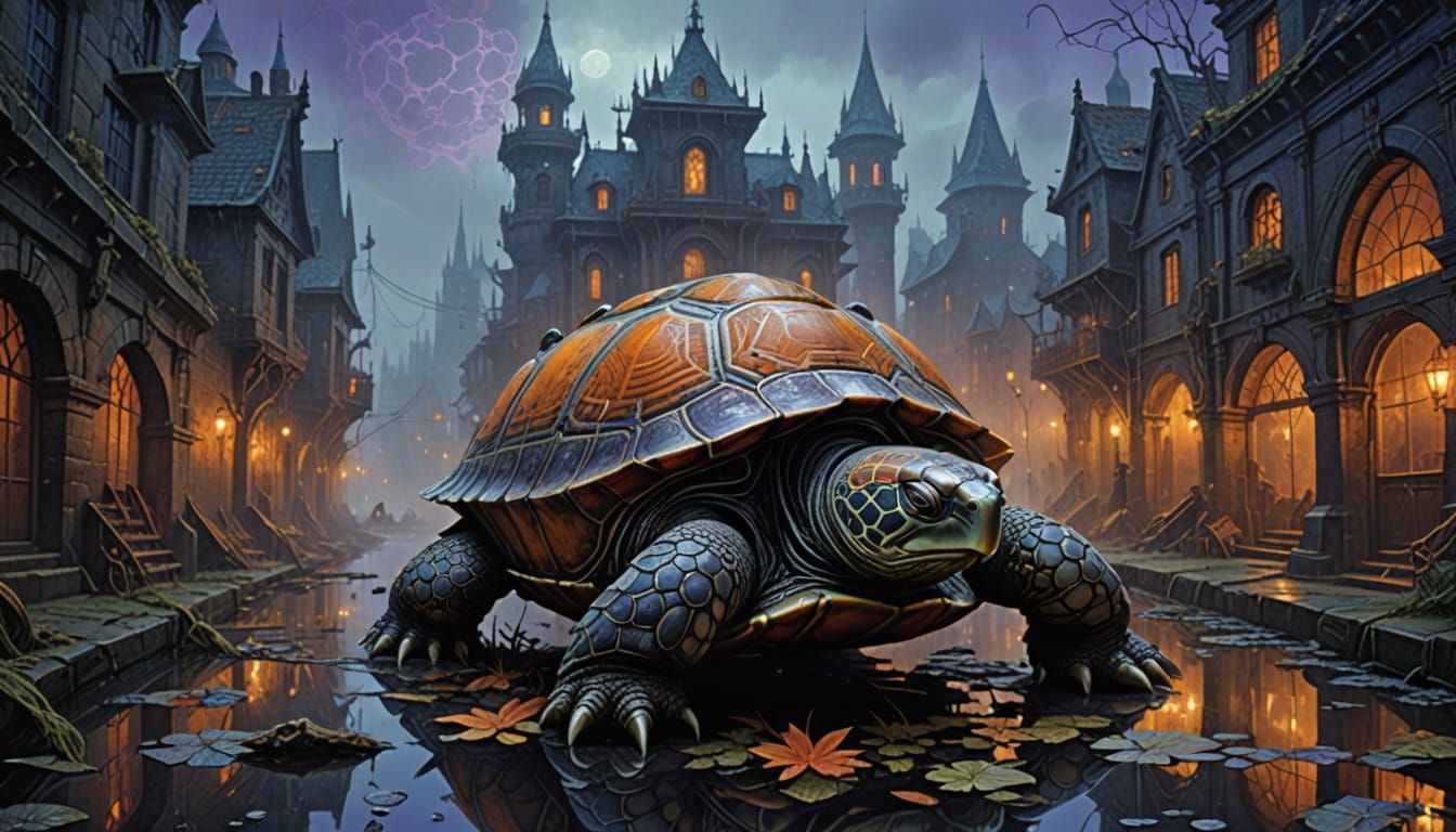 Surreal Steampunk Turtle in a Misty Pond