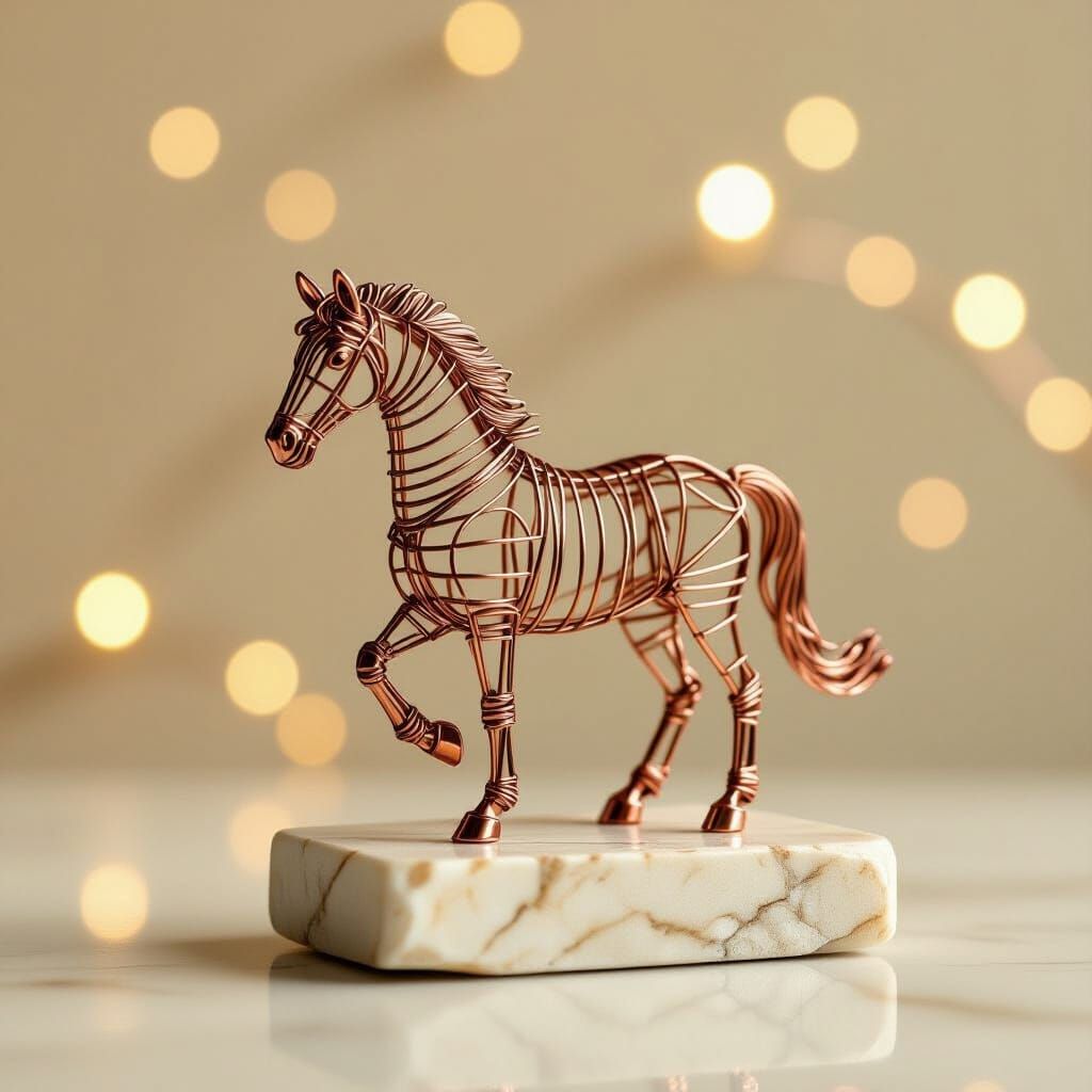 Minimalist Copper Wire Horse Sculpture on Marble