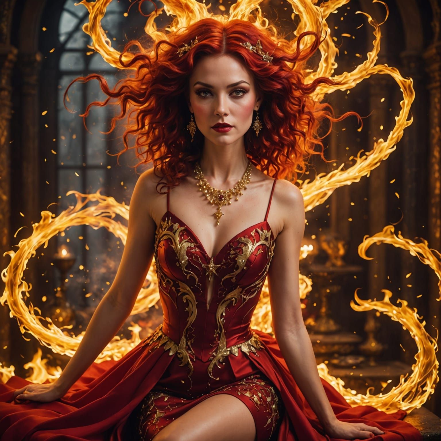 Enchanting Goddess with Fiery Hair and Starry Background