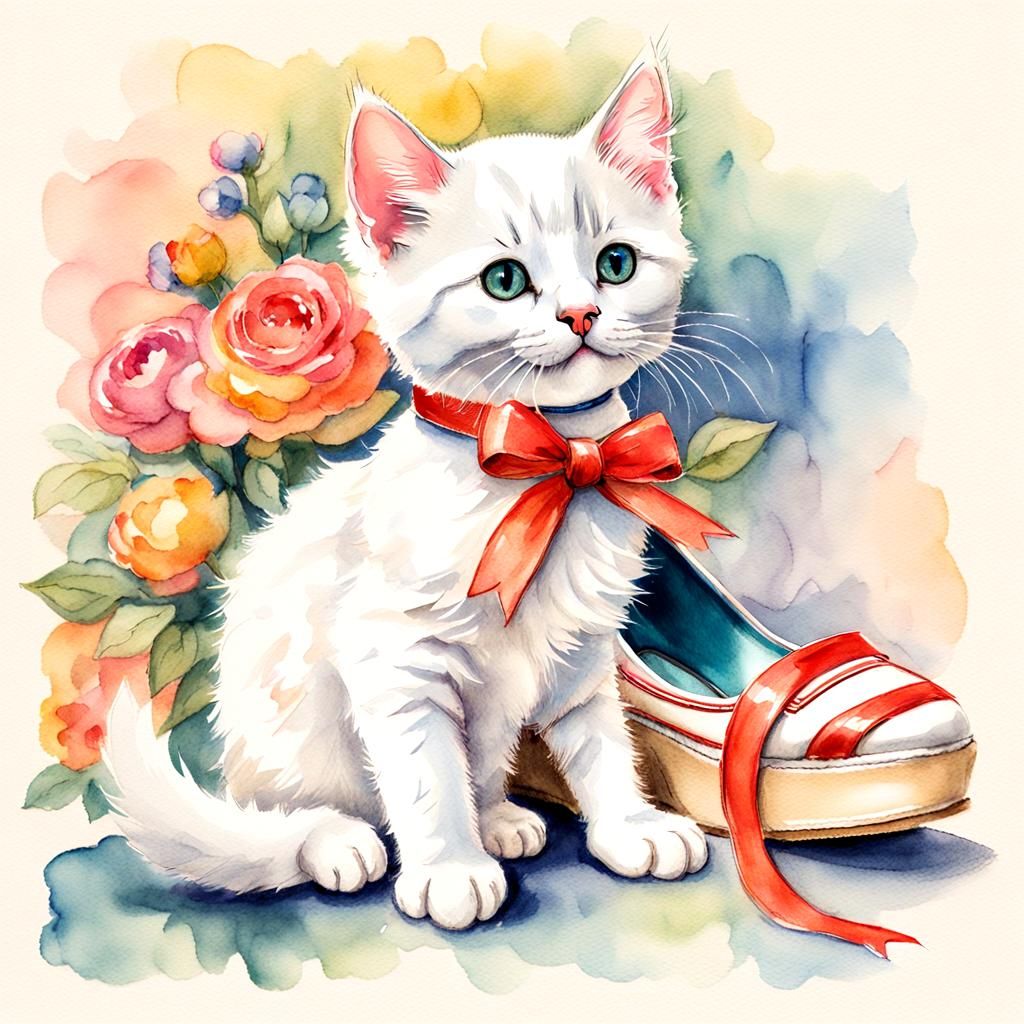 Whimsical White Kitten in High-Heeled Shoe Pencil Sketch