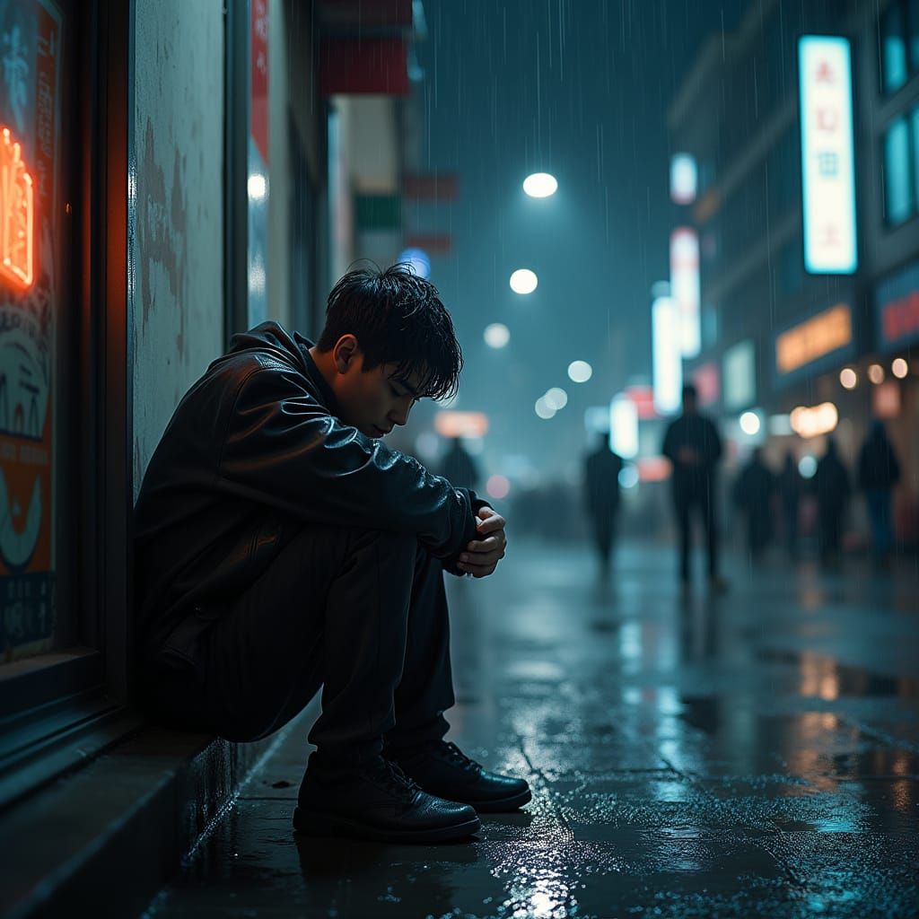 Heartbroken Man Cries in Rainy City Street