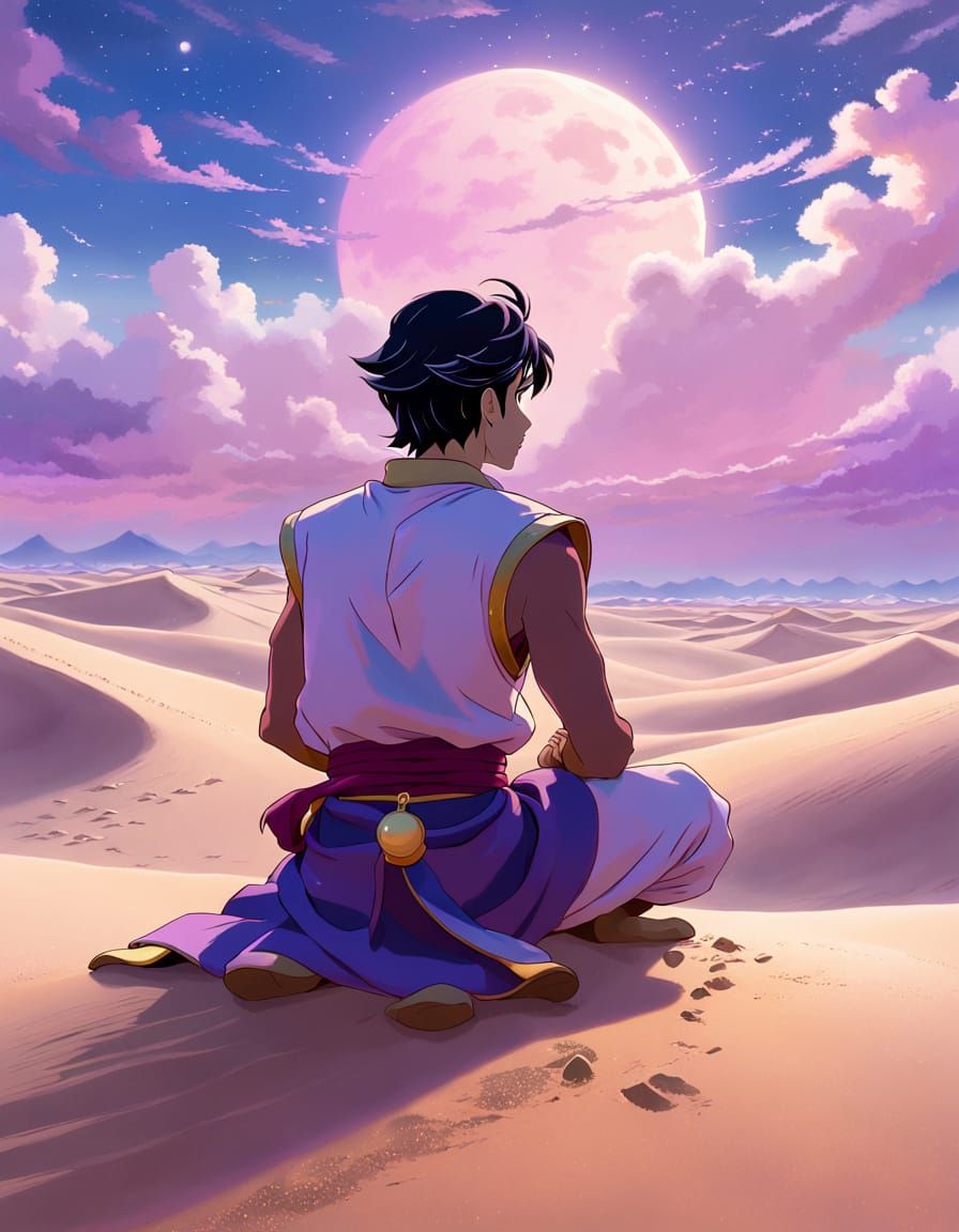 Anime-Style Aladdin Gazing at Desert Moonrise