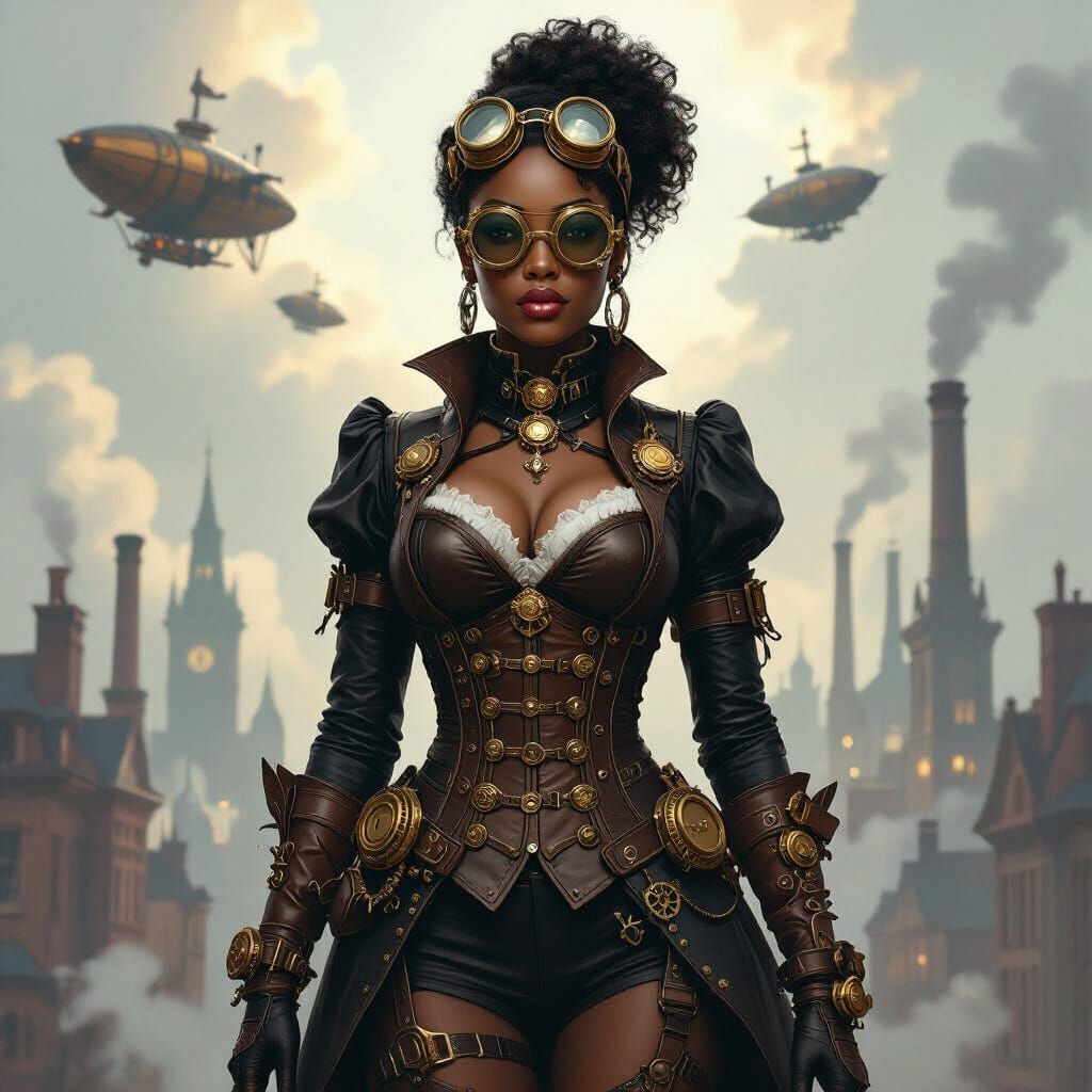 Steampunk Woman in Victorian Cityscape Digital Painting