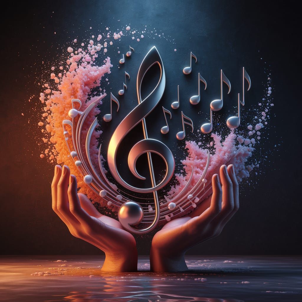 Large hands holding musical notes