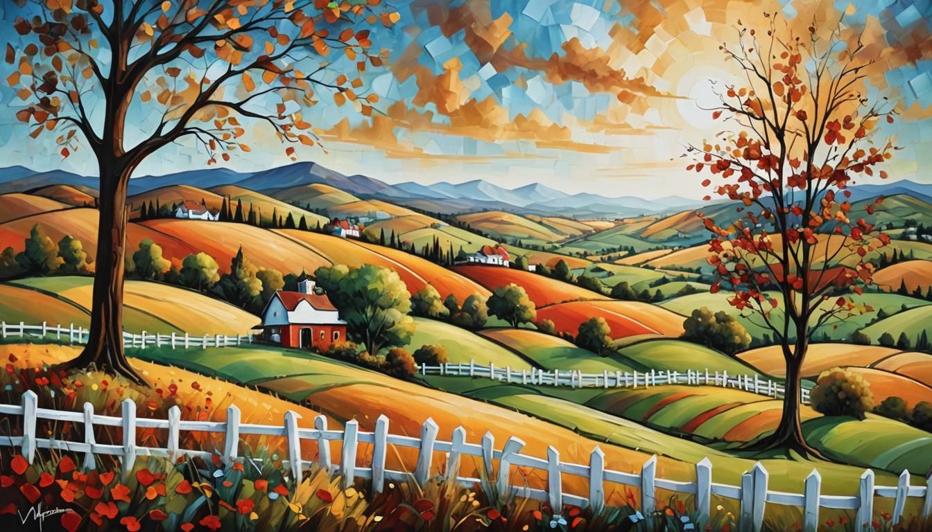 Idyllic 19th Century Landscape with Rolling Hills and Picket...