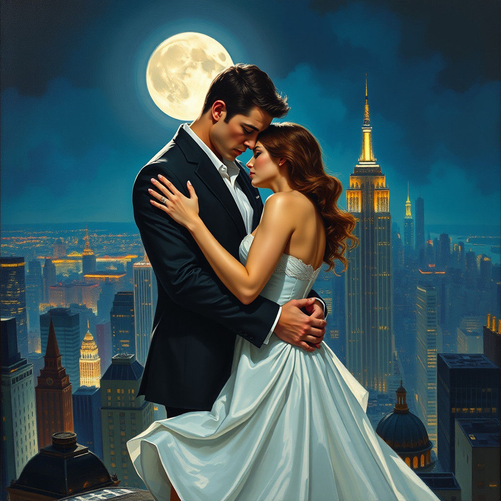Romantic Moonlit Embrace in a Cityscape