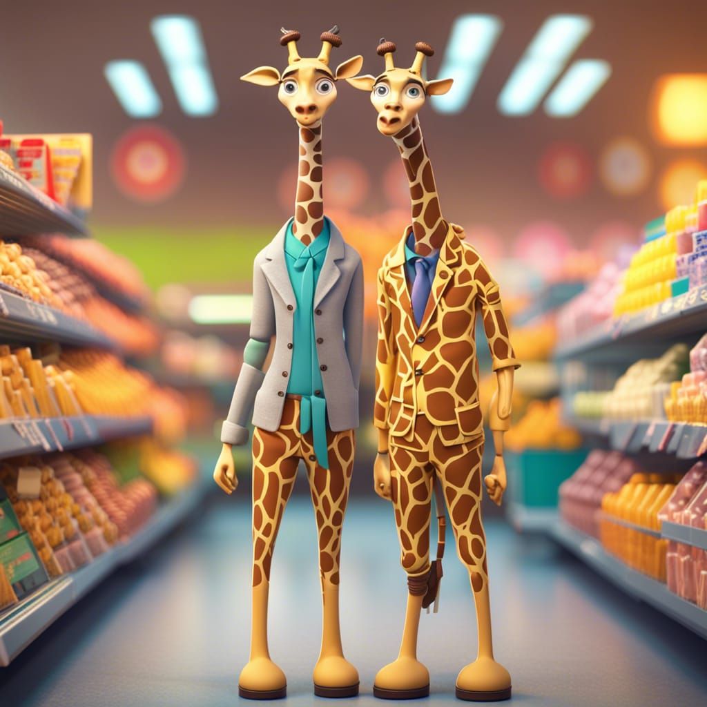 Giraffe Citizens Shop at Futuristic Market