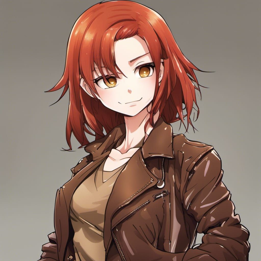 Manga-Inspired Red-Haired Girl Smirks in Brown Leather Jacke...