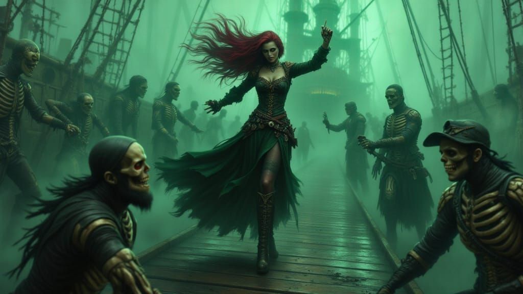 Pirate Woman Battles Skeletons on Foggy Ship Deck