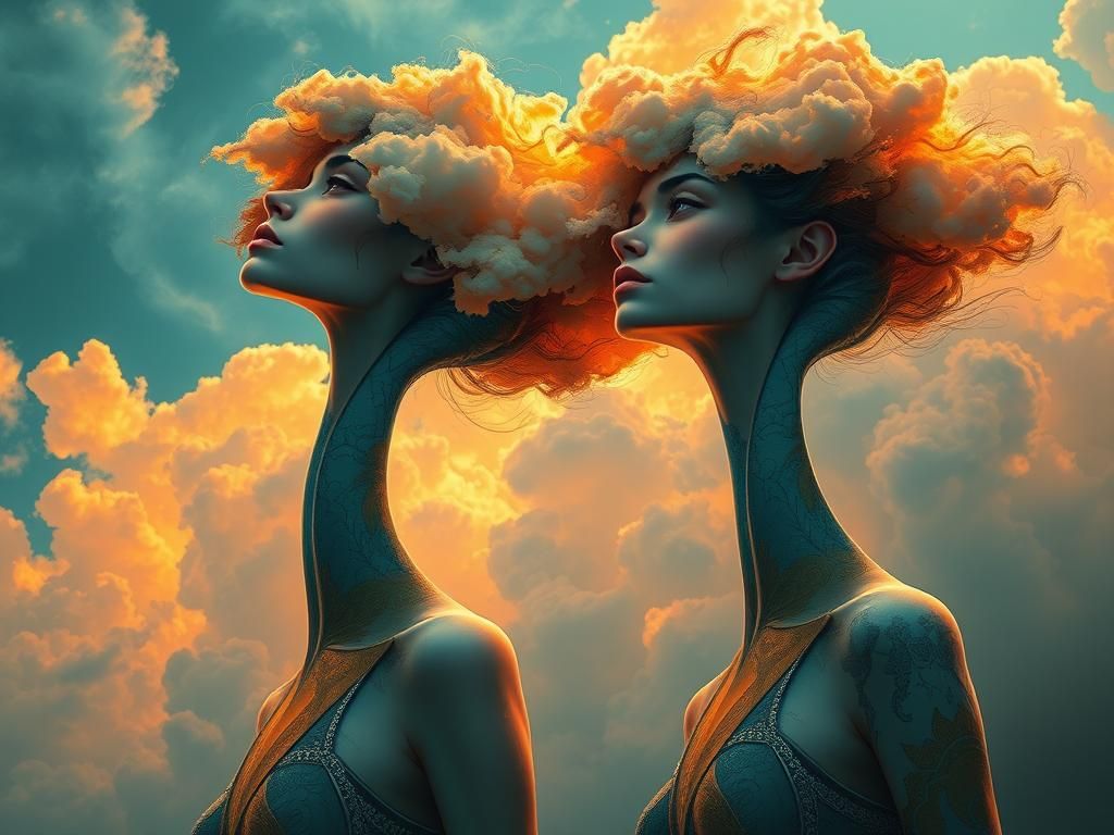 Dreamy Ethereal Women Reach for the Skies in Vibrant Triadic...