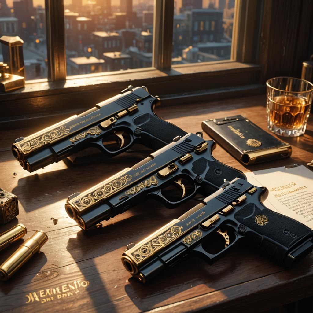 Hyper-Realistic Concept Art of Dueling Pistols in Golden Hou...