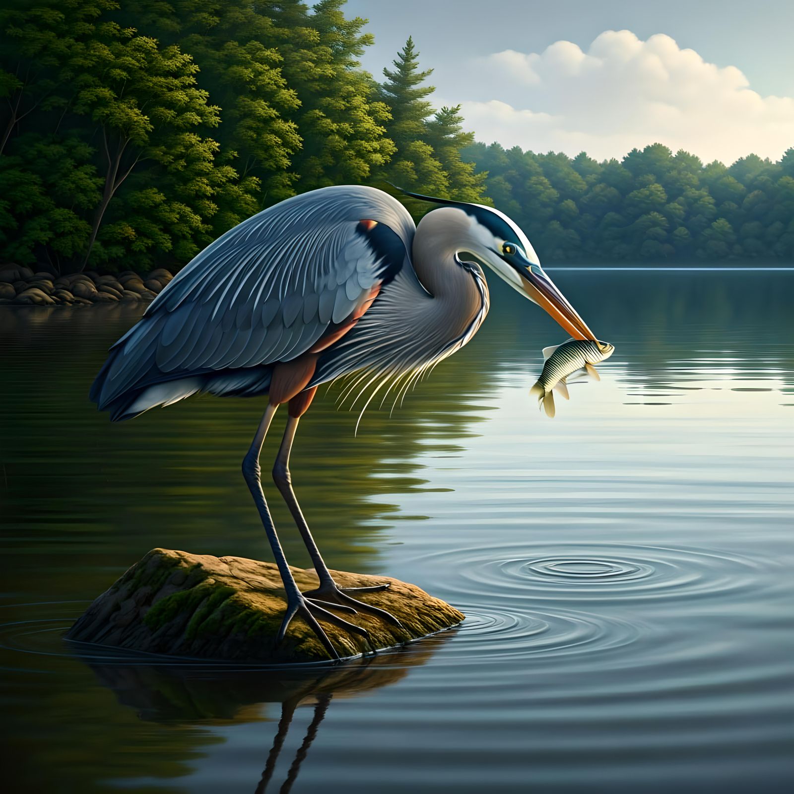 Regal Great Blue Heron in Muted Greyish-Blue Hues, Perched o...