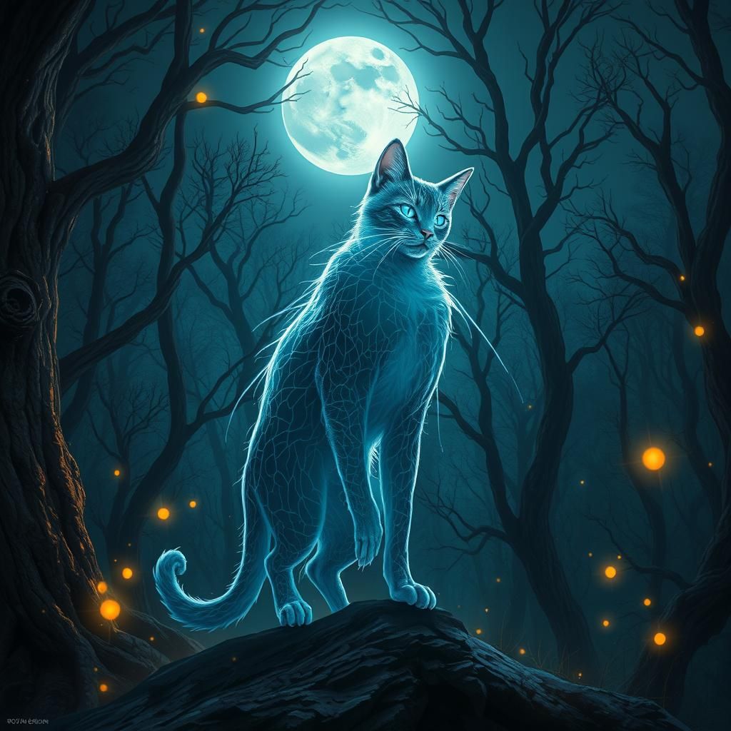 Ghostly Feline Hero in Ethereal Forest