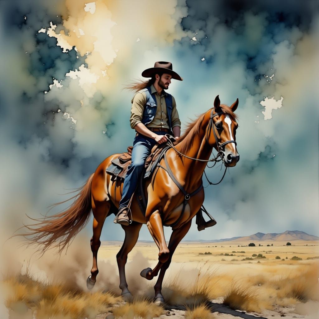 Cowboy Rides Tornado in Painterly Style