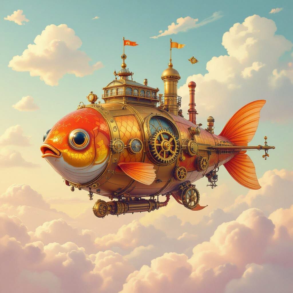 Steampunk Goldfish Airship Soaring Through Cotton Candy Sky