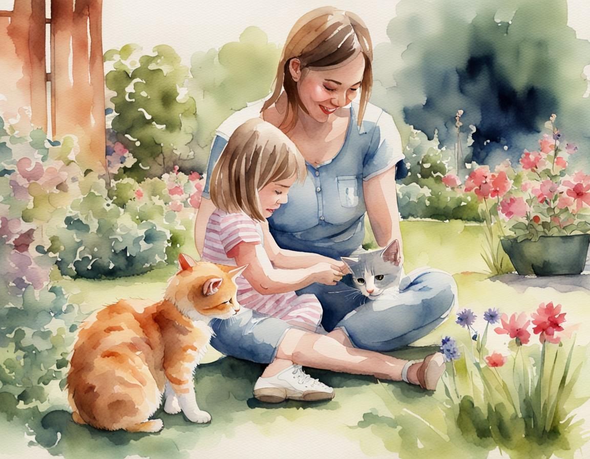 Watercolour Art of Joyful Mother and Daughter with Kitten in...