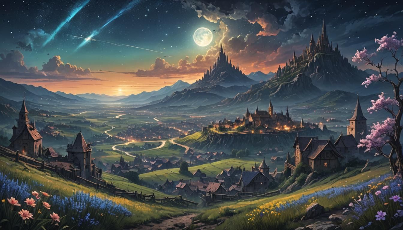 Medieval Post-Apocalyptic Spring Night Scene under a Starry...