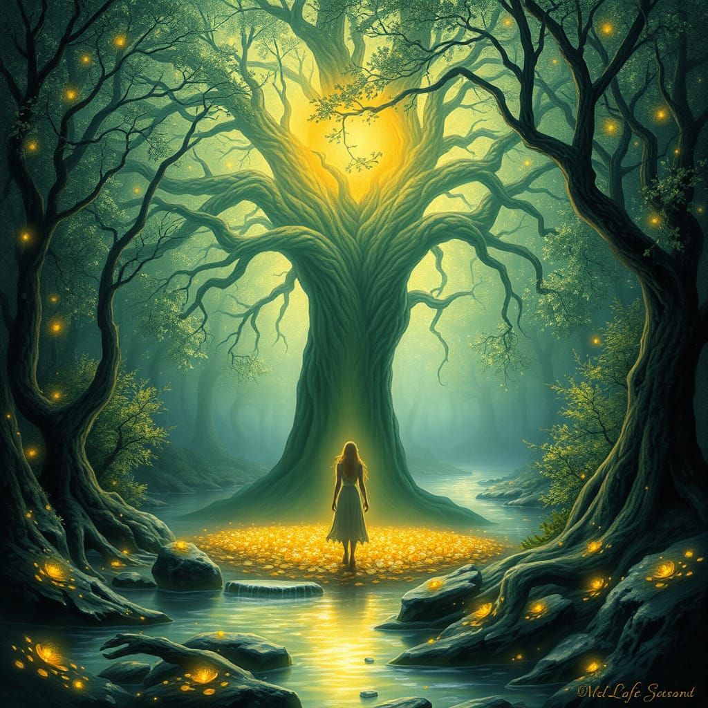 Mystical Elf in Bioluminescent Grove with Ethereal Lighting