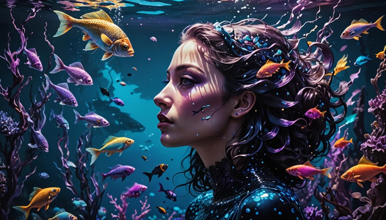 Goth Mermaid Amidst Vibrant Underwater World in Hyper-Realis...