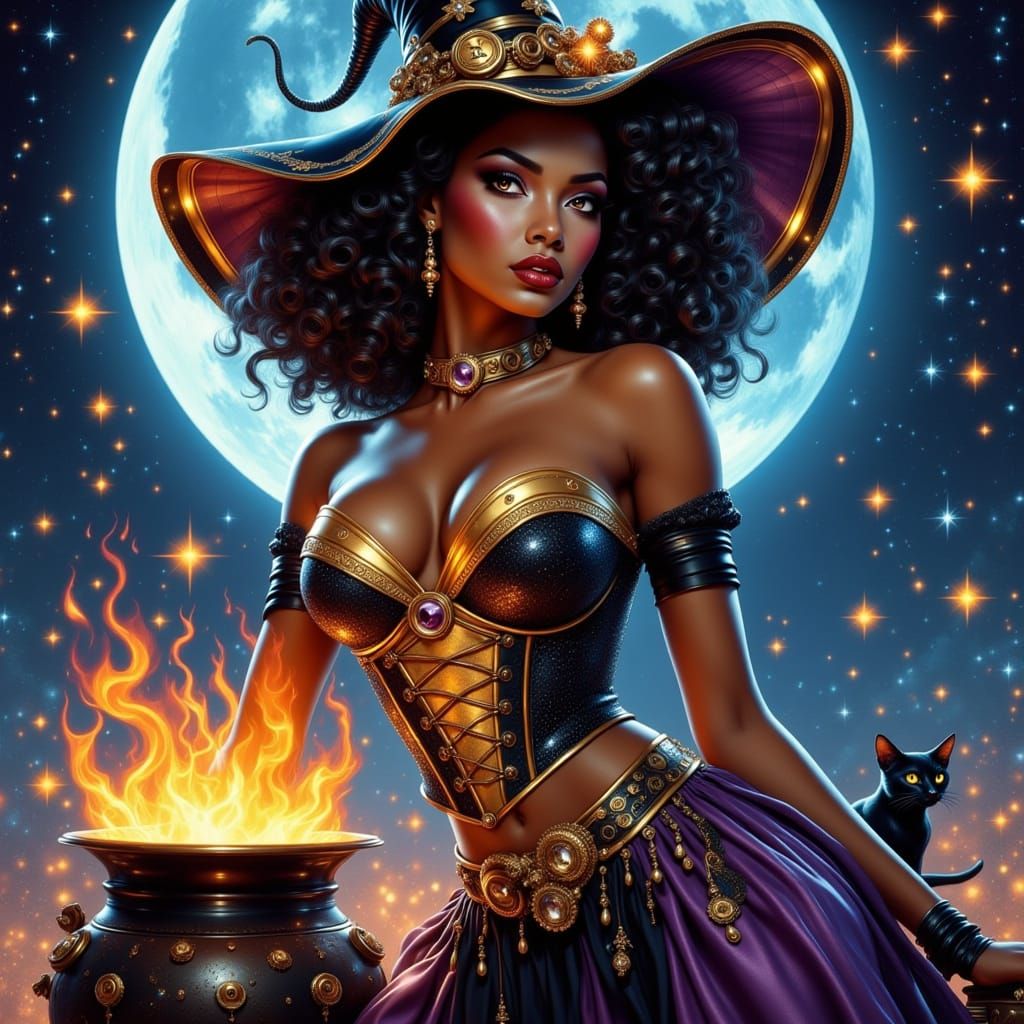 Enchanted Steampunk Goddess with Glowing Hair and Runes