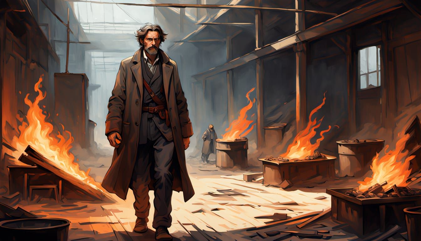 Man Walks Between Fire and Reason in Dusty Workshop