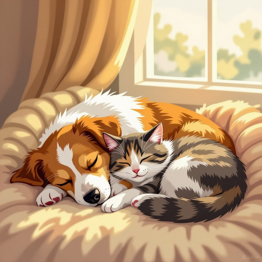 Cozy Dog and Cat Sleeping Together in Warm Light