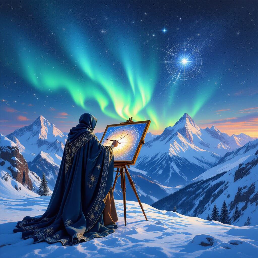 Celestial Cartographer Charts Cosmos in Oil Painting Style