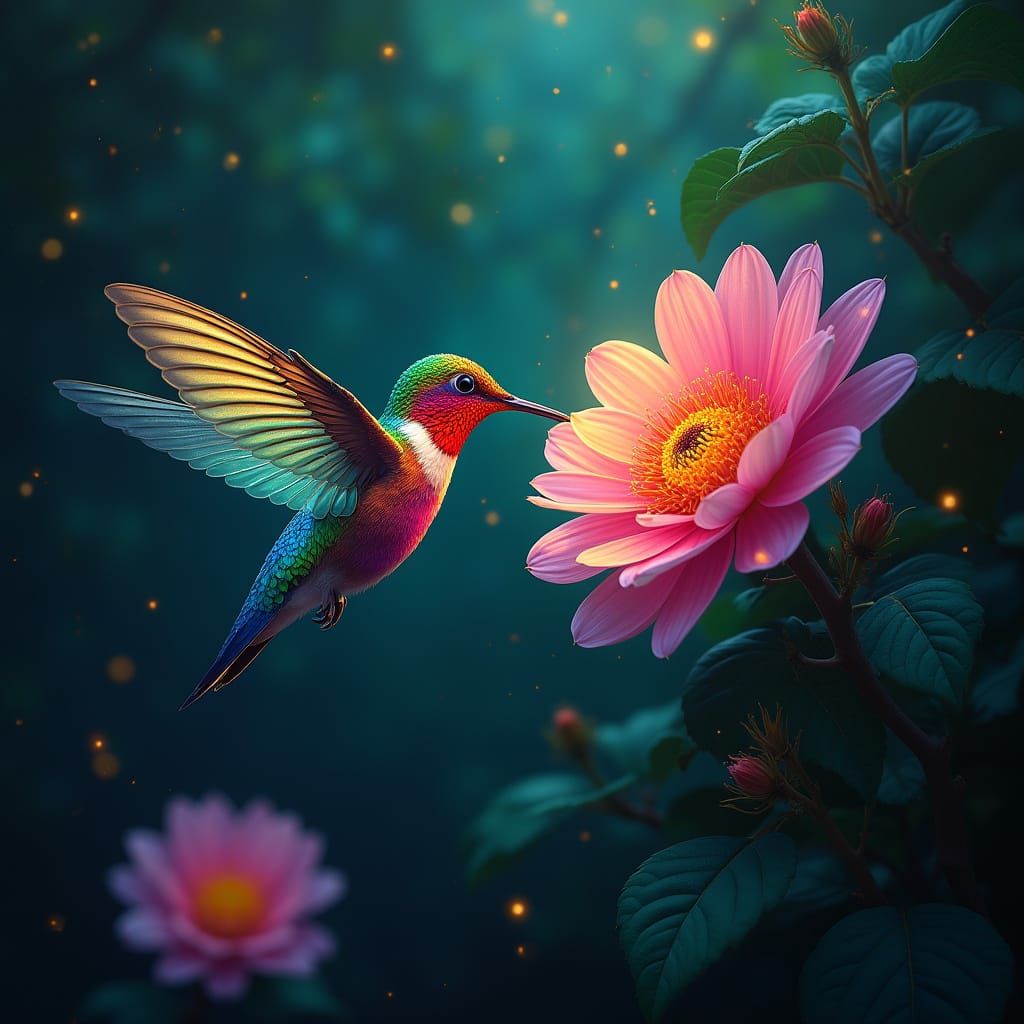 Rainbow Hummingbird in Vibrant Jungle Oasis