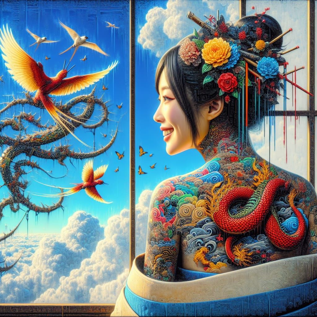 Hyper-Realistic 3D Oil Painting of Japanese Girl with Red Dr...