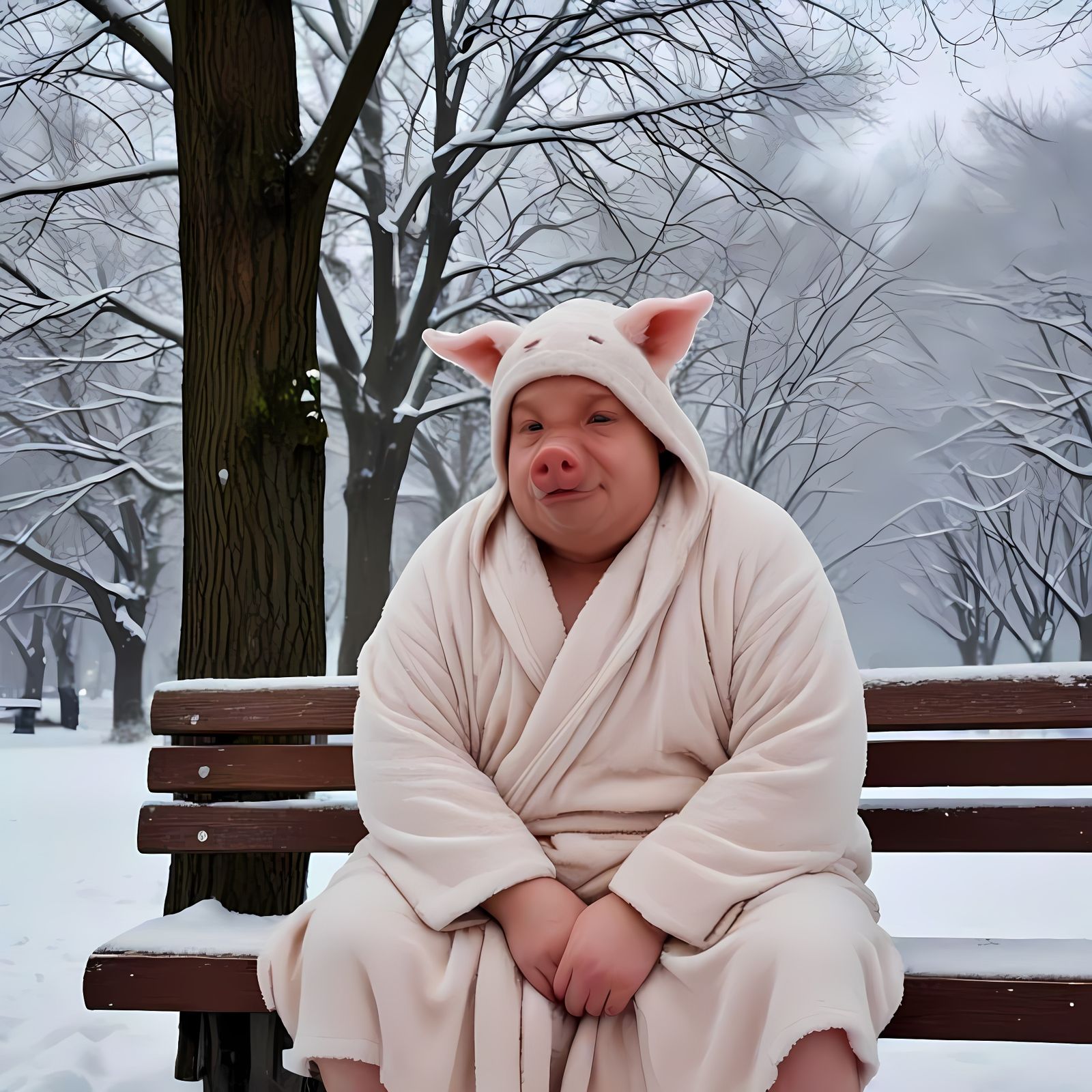 Icy Winter Scene: Pig-Man on a Bench