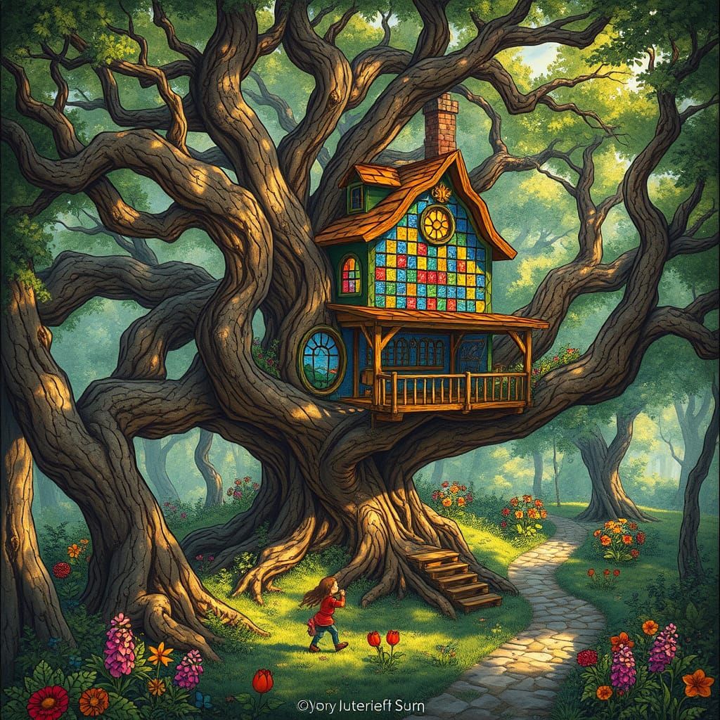 Ethereal Treehouse Sanctuary in Art Nouveau Style