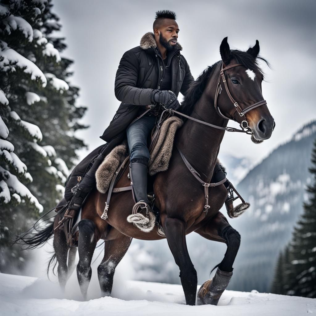Handsome Ebony Rider in Snowy Mountains