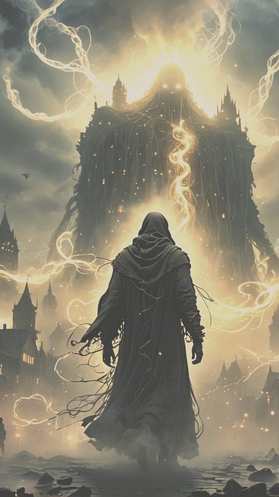 Mystical Figure Approaches Enchanted Floating Metropolis