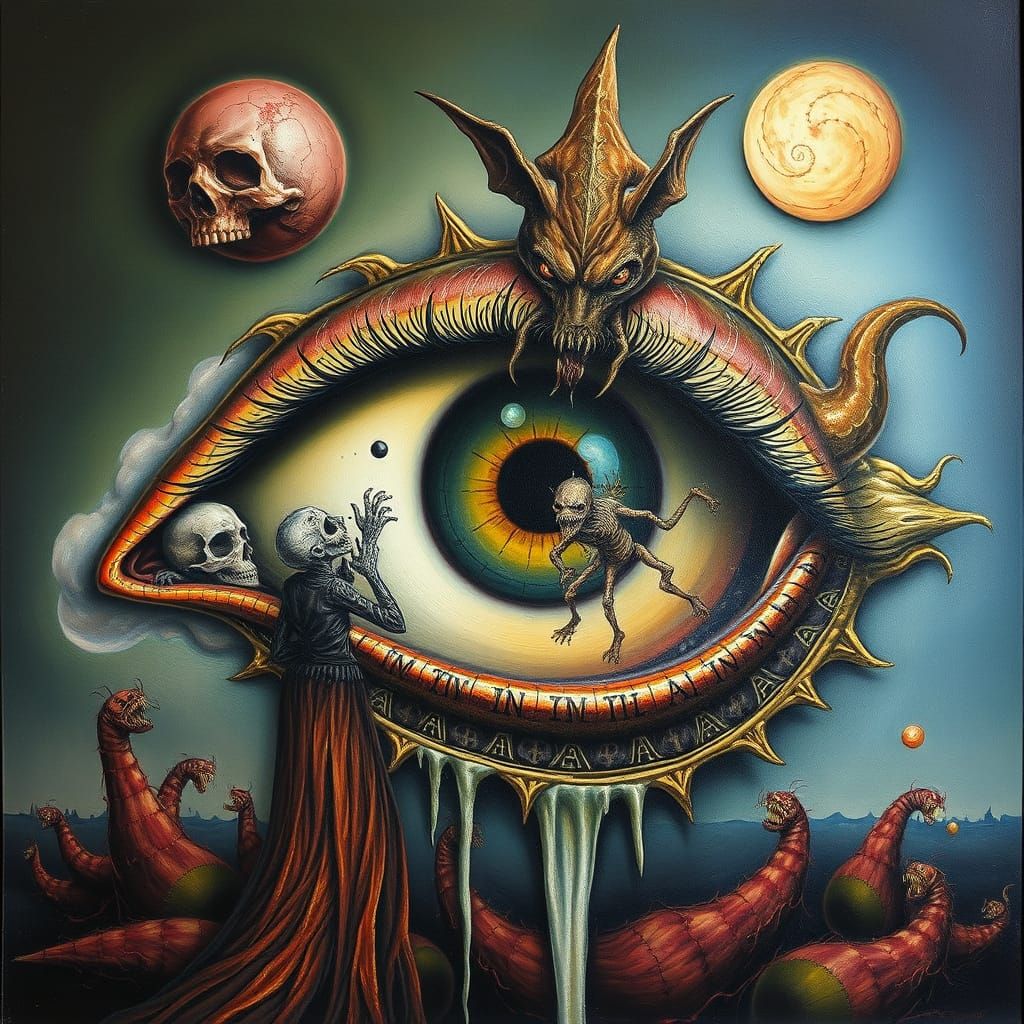 surreal bizarre ornate eye horror monsters fighting inside t...