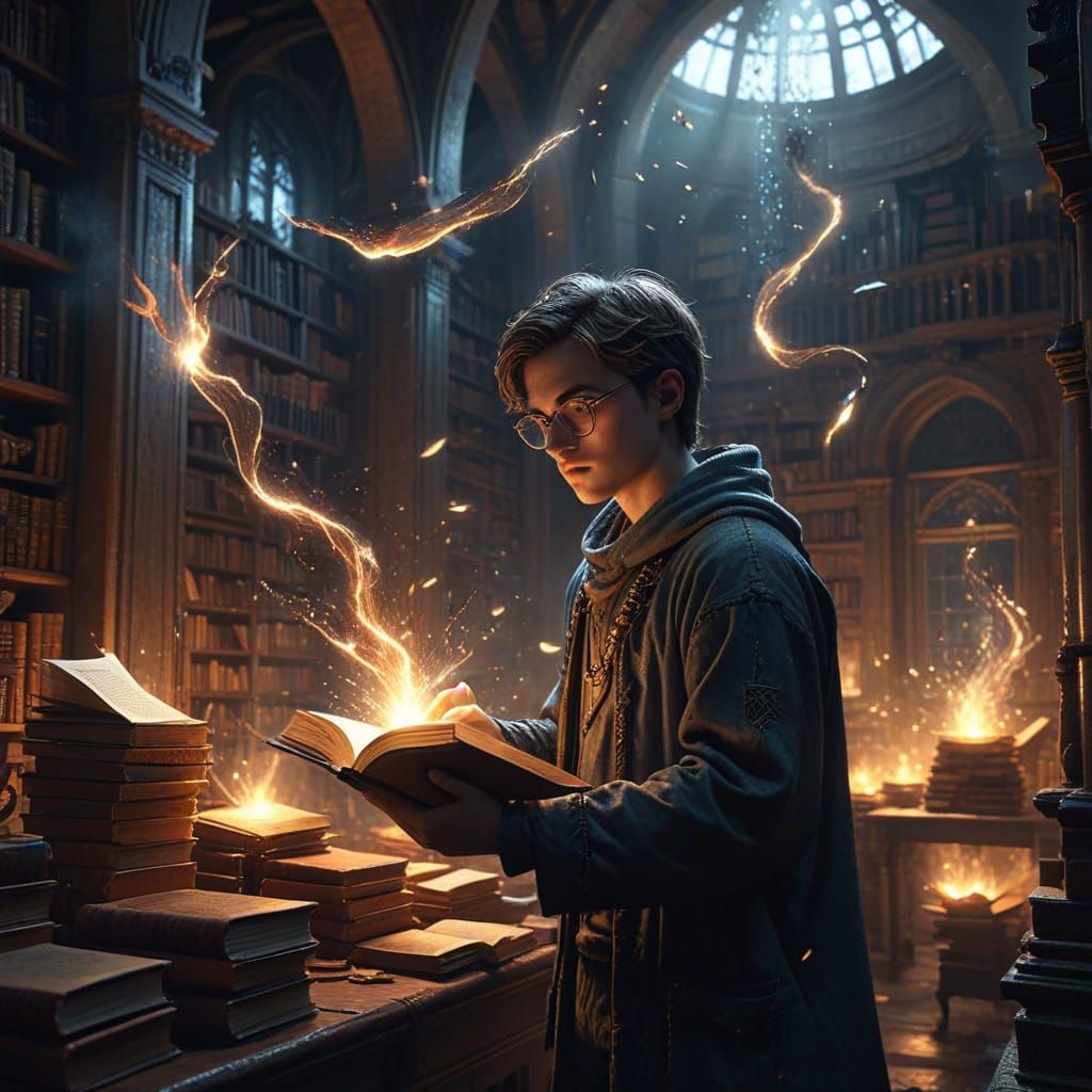 Boy Sorting Books in Magical Library