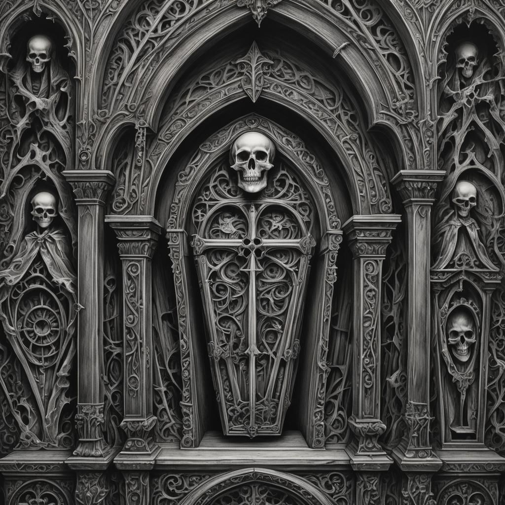 Gothic Coffin in Hyperdetailed Charcoal Drawing