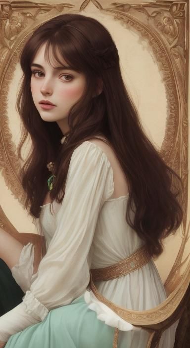 Maid Marian ruby accents on frame petite french model plump face medium length brown hair brown eyes 6'3" symmetrical -1...