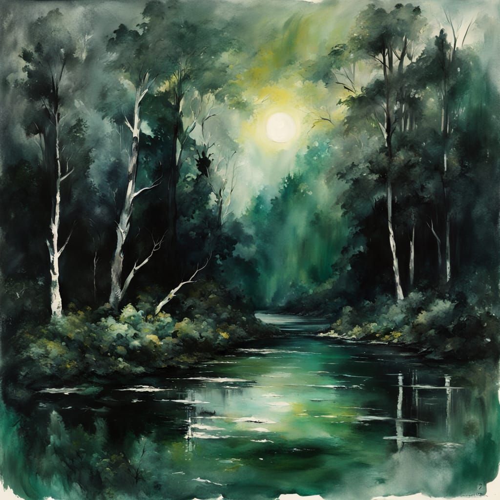 Detailed Gouache Painting of Dense Midnight Forest