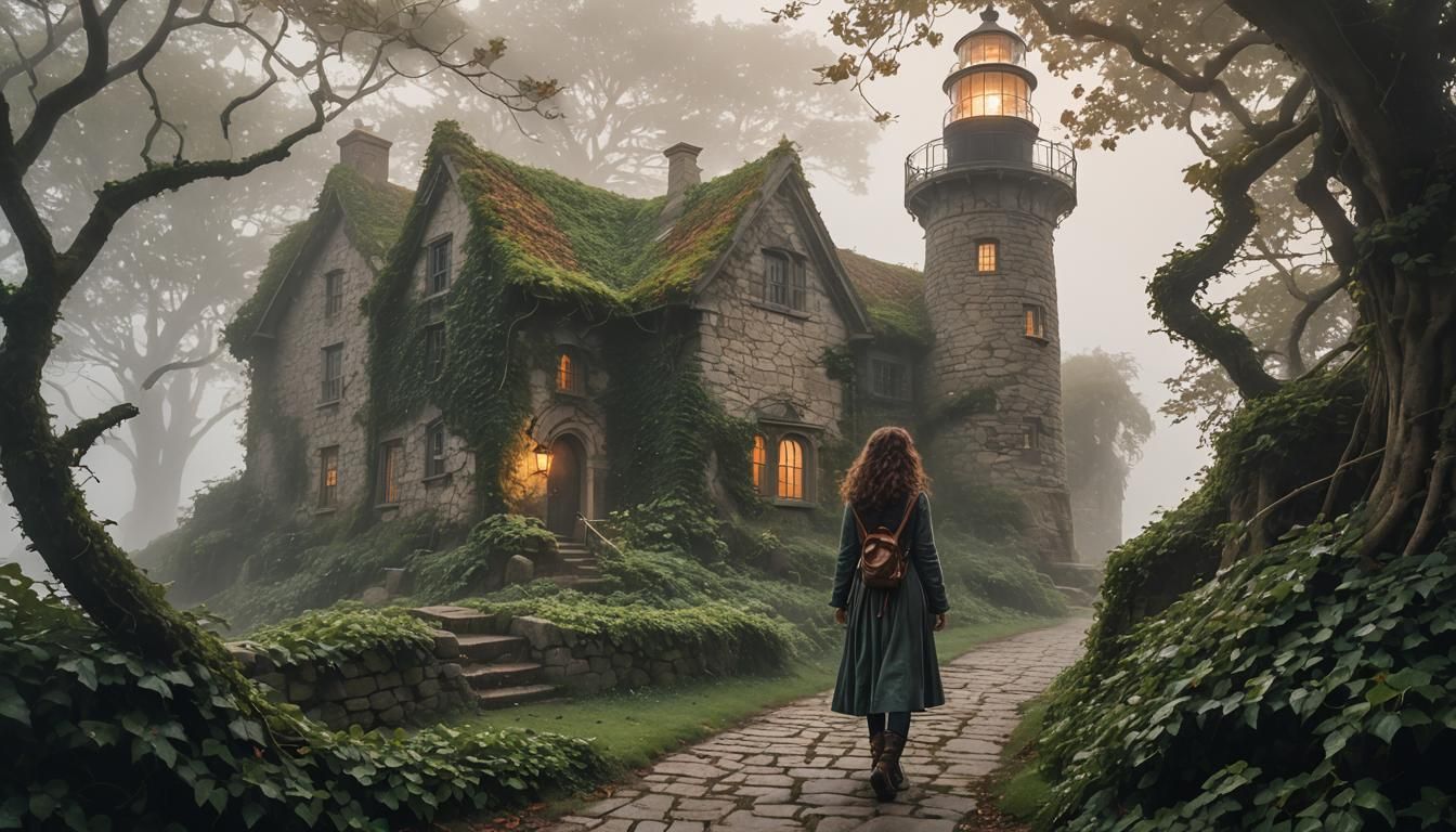 Girl Reads Diary Near Abandoned Lighthouse in Whimsical Cart...