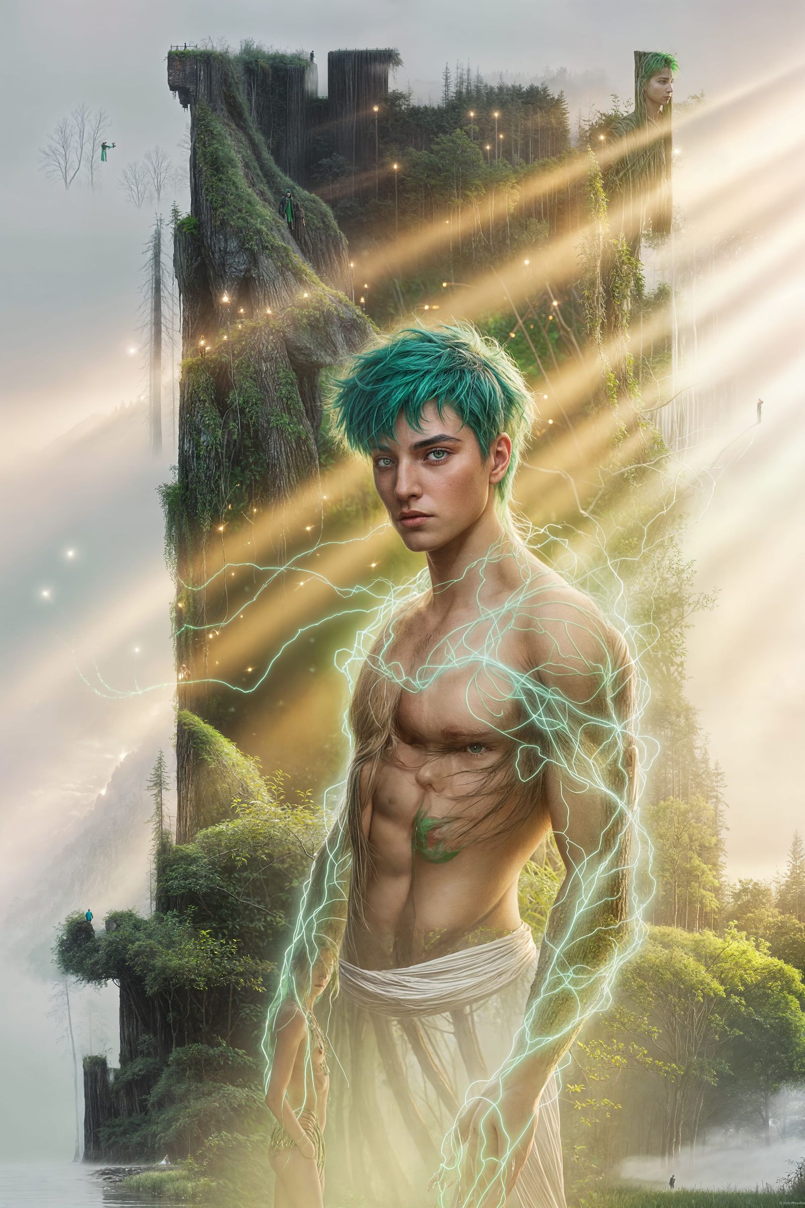 Mystical Forest Guardian with Green Hair in Manga Style