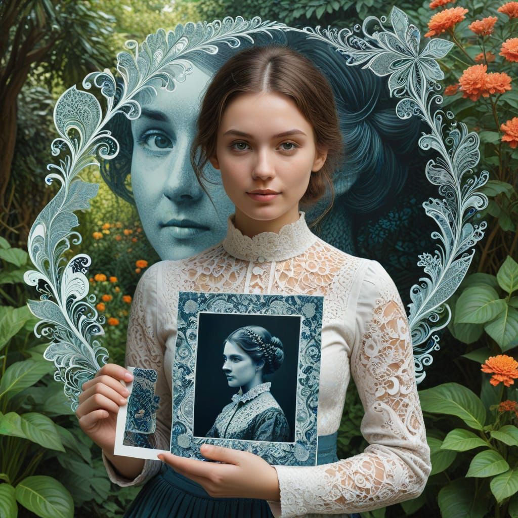 Elegant Girl Surrounded by Whimsical Garden Fractals